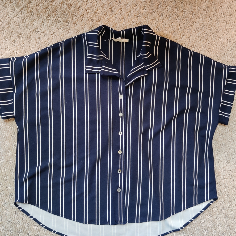 Blue and White Boxy Notched Collar Blouse